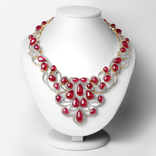 Bids.com 160.14 Carat Glass Filled Ruby and White Diamond .925 Sterling Silver Necklace Necklaces