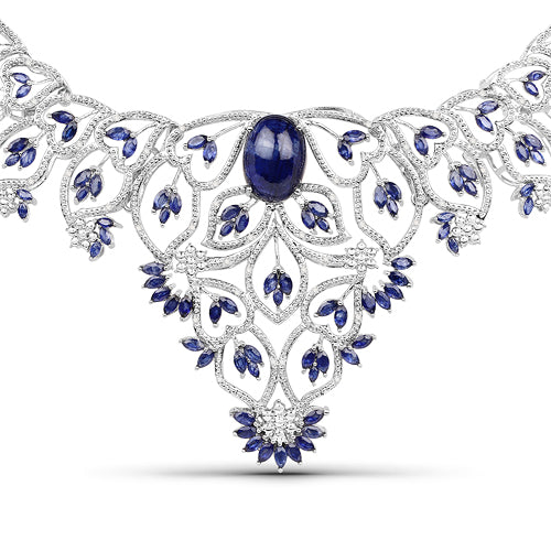 Bids.com 40.93 Carat Genuine Glass Filled Sapphire and White Diamond .925 Sterling Silver Necklace Necklaces