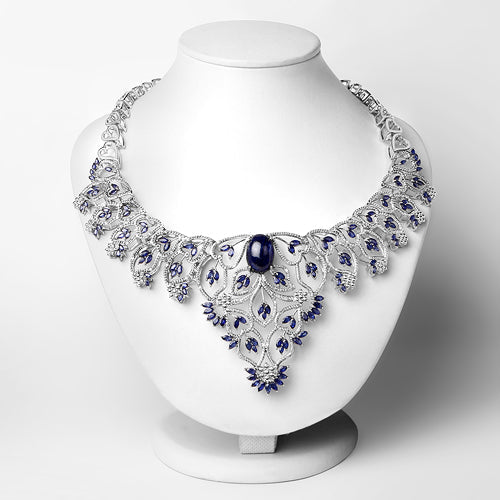 Bids.com 40.93 Carat Genuine Glass Filled Sapphire and White Diamond .925 Sterling Silver Necklace Necklaces