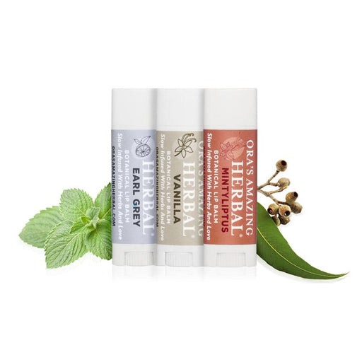 Ora's Amazing Herbal Natural Lip Balm 3 Pack, Vanilla, Earl Grey, Mintyliptus