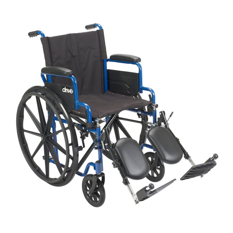 RIO Medical Supplies Blue Streak Wheelchair with Flip Back Desk Arms, Elevating Leg Rests, 18" Seat