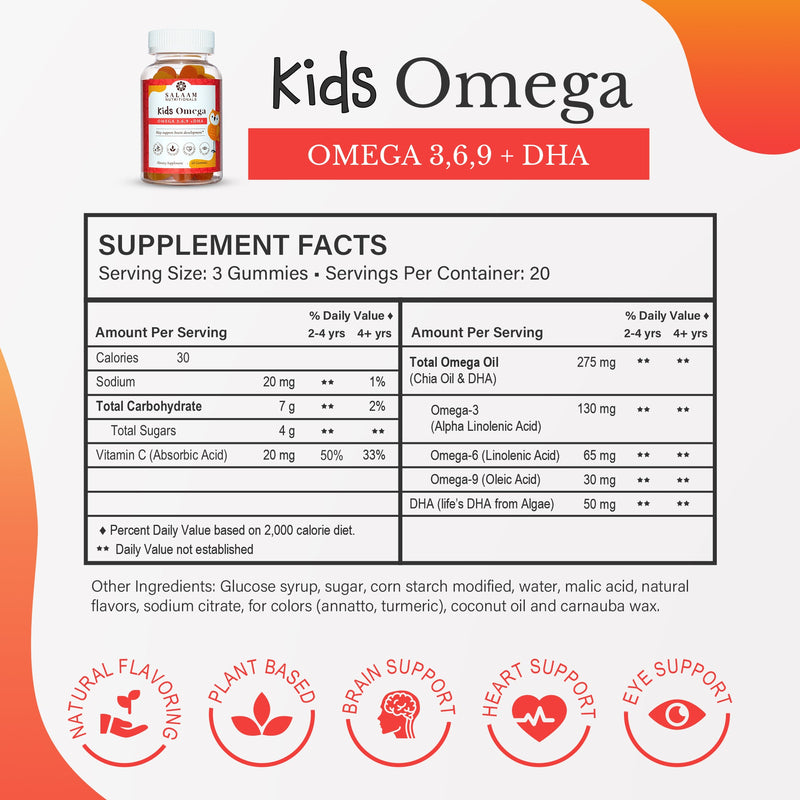 Salaam Nutritionals Halal Omega 3, 6 & 9 Gummies with DHA for Kids - 60 Count | Salaam Nutritionals