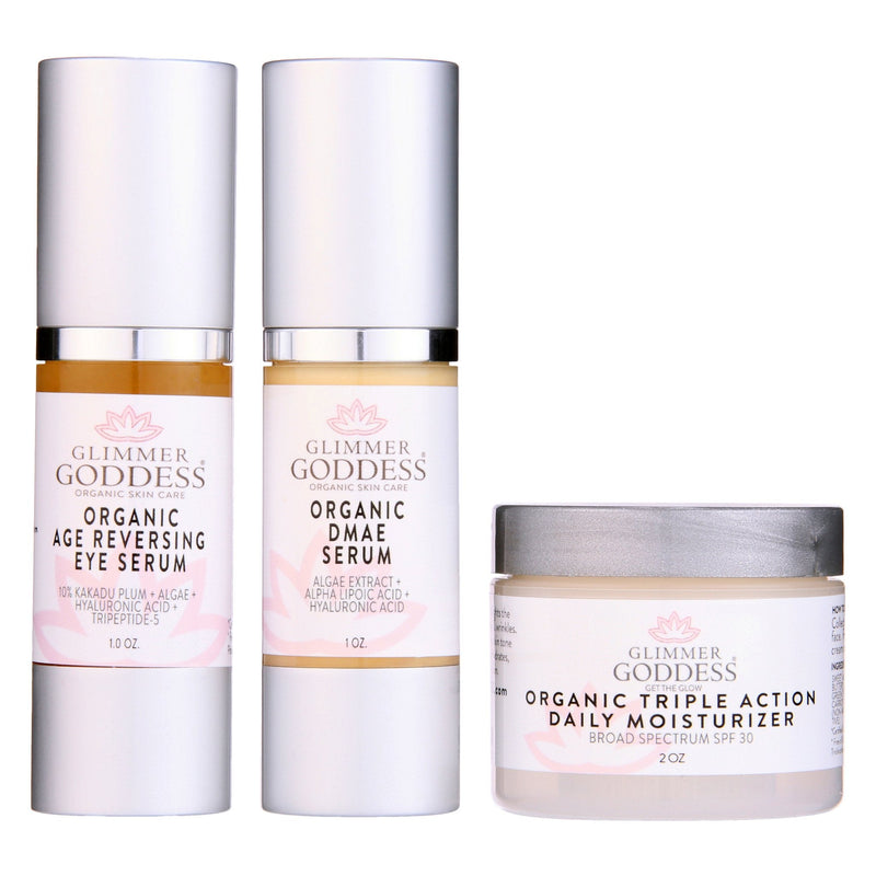 Glimmer Goddess® Organic Skin Care Organic Anti-Wrinkle Trio – 3-Step Collagen Boosting System Gift Packs & Value Sets