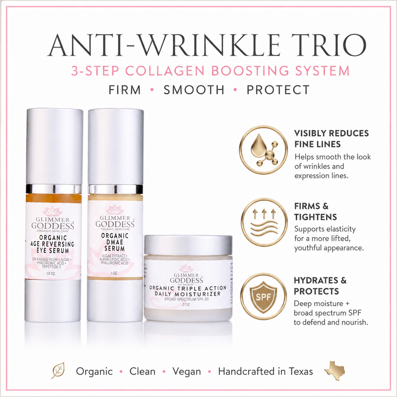 Glimmer Goddess® Organic Skin Care Organic Anti-Wrinkle Trio – 3-Step Collagen Boosting System Gift Packs & Value Sets White Smoke