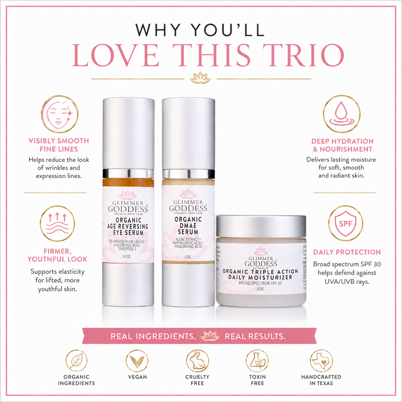 Glimmer Goddess® Organic Skin Care Organic Anti-Wrinkle Trio – 3-Step Collagen Boosting System Gift Packs & Value Sets White Smoke