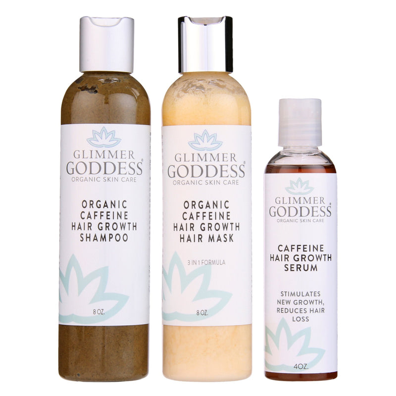 Glimmer Goddess® Organic Skin Care Organic Caffeine Hair Growth System – 3-Step Treatment Set Hair Growth White Smoke