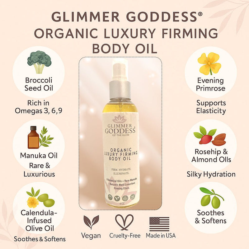 Glimmer Goddess® Organic Skin Care Organic Luxury Firming Body Oil – Anti-Aging Treatment Body Oil