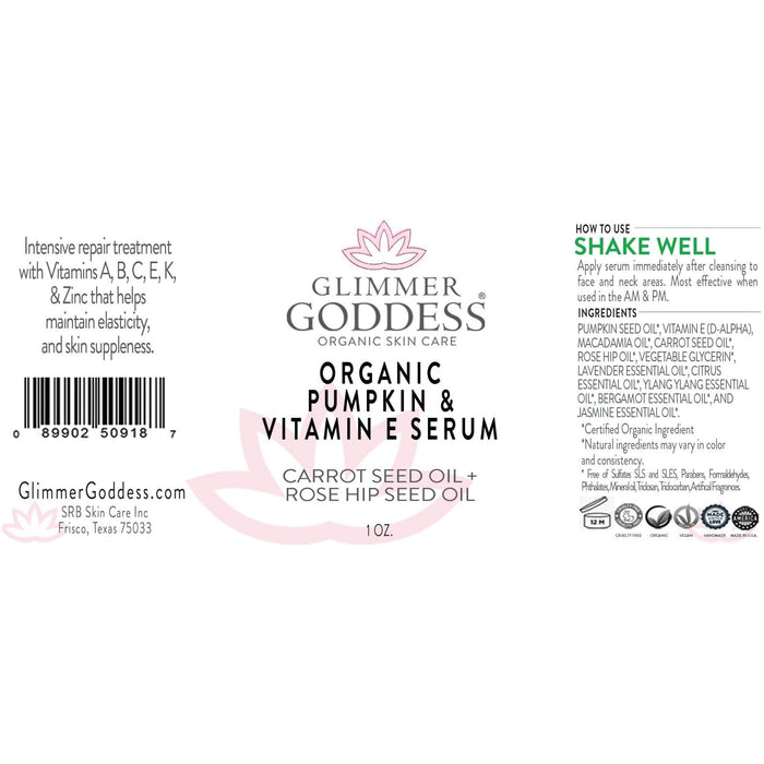 Glimmer Goddess® Organic Skin Care - Organic Pumpkin Serum With Collagen Boosting Vitamin E Instant Glow Treatment