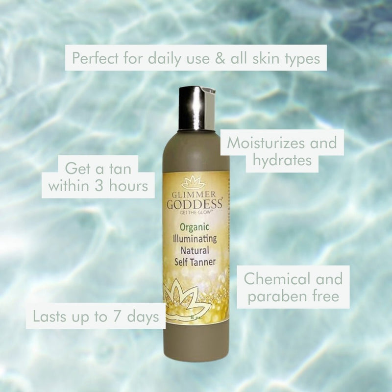Glimmer Goddess® Organic Skin Care Organic Self Tanner – Fast Bronze Glow Self Tanner Light Gray 8 oz / Regular / Lightly Scented – soft essential oil scent,8 oz / Regular / Unscented – great for extra-sensitive skin,8 oz / Dark / Lightly Scented – soft essential oil scent,8 oz / Dark / Unscented – great for extra-sensitive skin,4 oz / Regular / Ligh