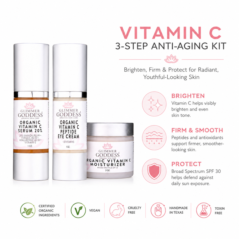 Glimmer Goddess® Organic Skin Care Vitamin C 3-Step Anti-Aging Kit – Complete System Gift Packs & Value Sets White Smoke