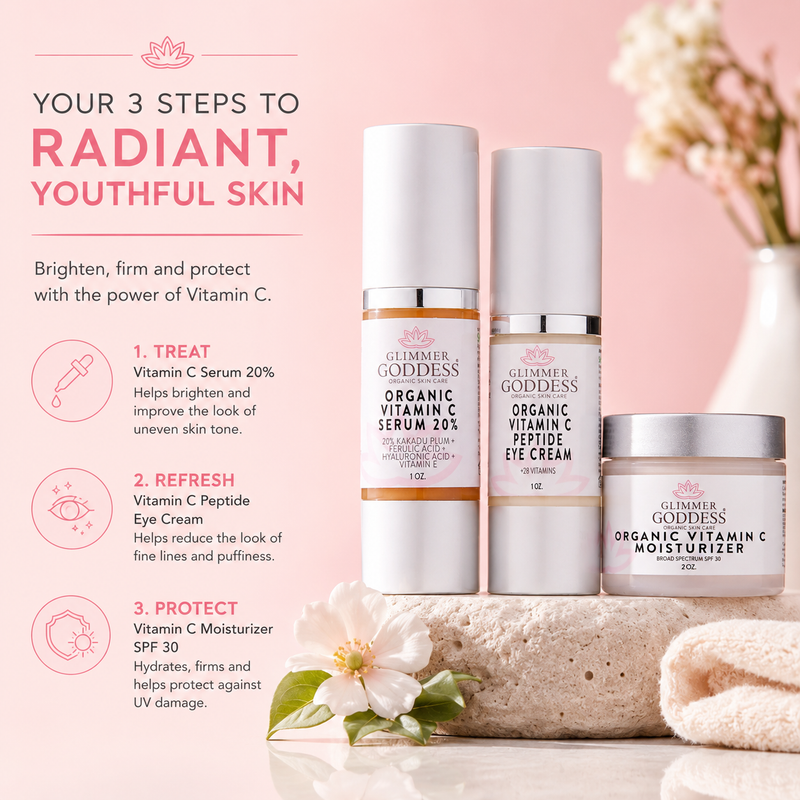 Glimmer Goddess® Organic Skin Care Vitamin C 3-Step Anti-Aging Kit – Complete System Gift Packs & Value Sets Misty Rose