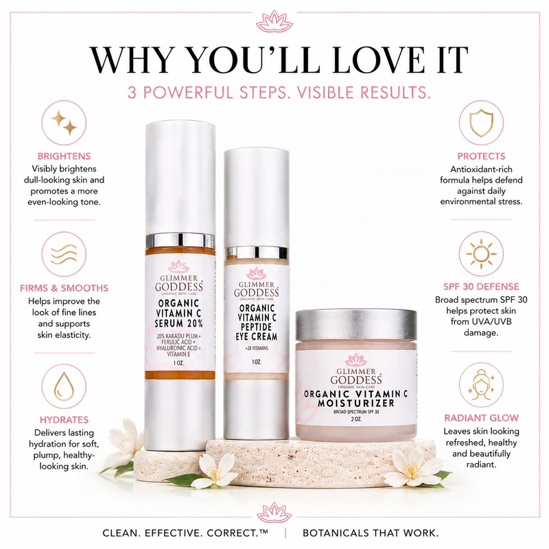Glimmer Goddess® Organic Skin Care Vitamin C 3-Step Anti-Aging Kit – Complete System Gift Packs & Value Sets White Smoke