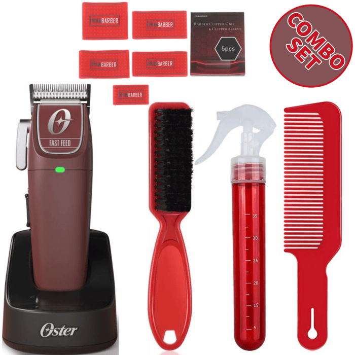 Oster Professional Cordless Fast Feed Clipper & Barber Clipper Grip & Water Spray & Fade Brush & Flat Top Comb Barber Combo Set