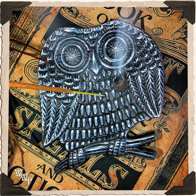 WhiteWitchParlour.com OWL INCENSE BURNER DISH. Aluminum Tray. Incense Stick & Cone Holder. Tools & Accessories