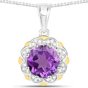 Bids.com 1.87 Carat Genuine Amethyst and White Diamond 14K Yellow Gold with .925 Sterling Silver Pendant Pendants
