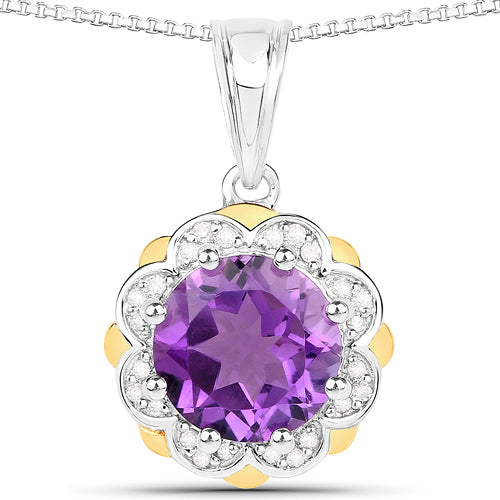 Bids.com 1.87 Carat Genuine Amethyst and White Diamond 14K Yellow Gold with .925 Sterling Silver Pendant Pendants