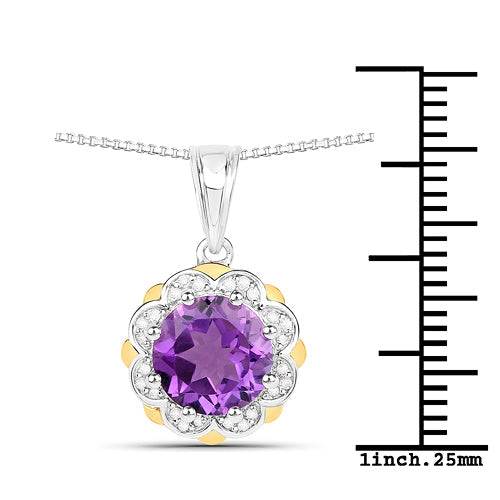 Bids.com 1.87 Carat Genuine Amethyst and White Diamond 14K Yellow Gold with .925 Sterling Silver Pendant Pendants