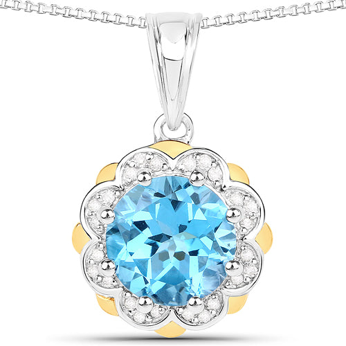 Bids.com 2.32 Carat Genuine Swiss Blue Topaz and White Diamond 14K Yellow Gold with .925 Sterling Silver Pendant Pendants