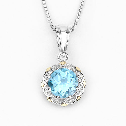 Bids.com 2.32 Carat Genuine Swiss Blue Topaz and White Diamond 14K Yellow Gold with .925 Sterling Silver Pendant Pendants
