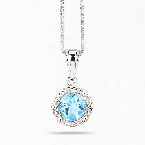 Bids.com 2.32 Carat Genuine Swiss Blue Topaz and White Diamond 14K Yellow Gold with .925 Sterling Silver Pendant Pendants