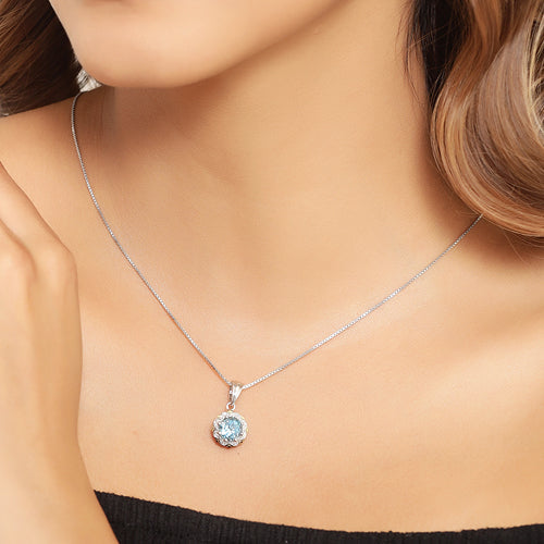 Bids.com 2.32 Carat Genuine Swiss Blue Topaz and White Diamond 14K Yellow Gold with .925 Sterling Silver Pendant Pendants