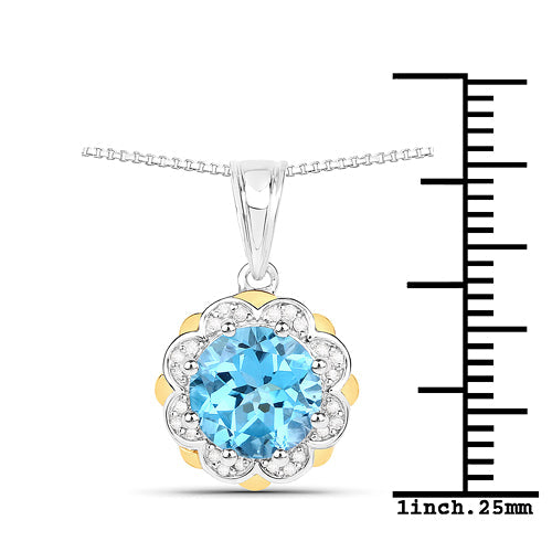 Bids.com 2.32 Carat Genuine Swiss Blue Topaz and White Diamond 14K Yellow Gold with .925 Sterling Silver Pendant Pendants