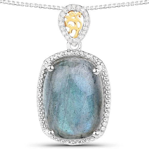Bids.com 11.05 Carat Genuine Labradorite and White Diamond 14K Yellow Gold with .925 Sterling Silver Pendant Pendants