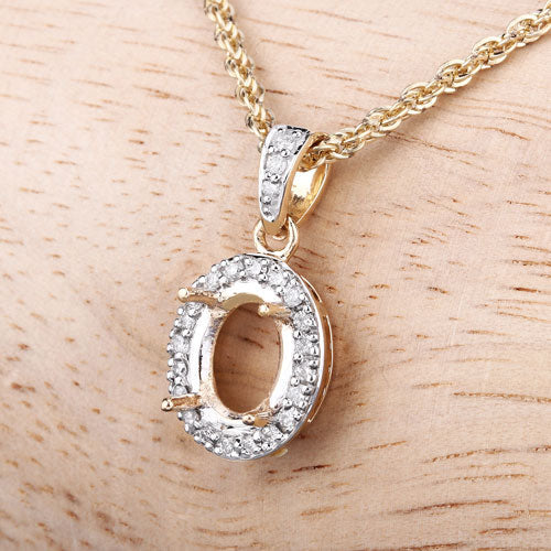 Bids.com 0.18 Carat Genuine White Diamond 14K Yellow Gold Semi Mount Pendant - holds 8x6mm Oval Gemstone Pendants