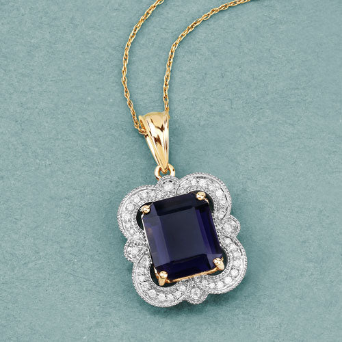 Bids.com 4.07 Carat Genuine Iolite and White Diamond 14K Yellow Gold Pendant Pendants