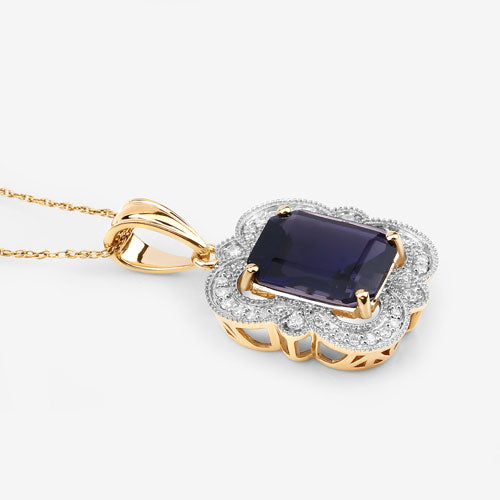 Bids.com 4.07 Carat Genuine Iolite and White Diamond 14K Yellow Gold Pendant Pendants