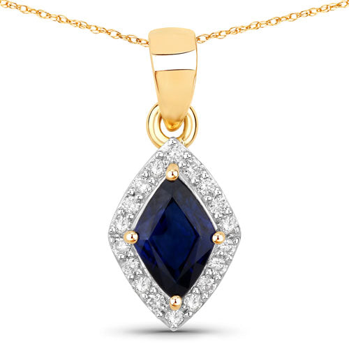 Bids.com 0.92 Carat Genuine Blue Sapphire and White Diamond 14K Yellow Gold Pendant Pendants
