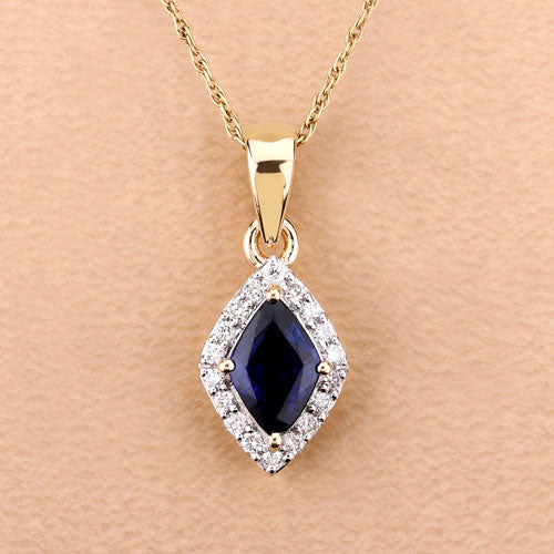 Bids.com 0.92 Carat Genuine Blue Sapphire and White Diamond 14K Yellow Gold Pendant Pendants