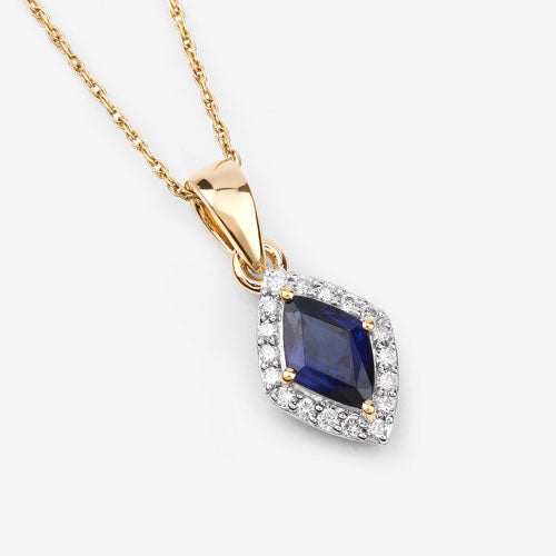Bids.com 0.92 Carat Genuine Blue Sapphire and White Diamond 14K Yellow Gold Pendant Pendants