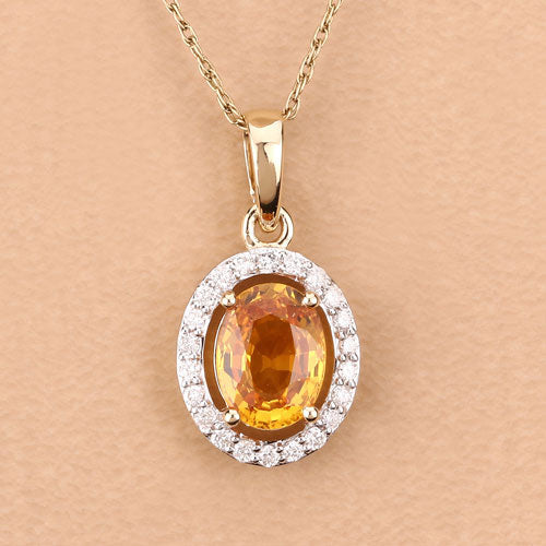 Bids.com 1.78 Carat Genuine Yellow Sapphire and White Diamond 14K Yellow Gold Pendant Pendants