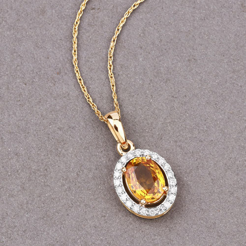 Bids.com 1.78 Carat Genuine Yellow Sapphire and White Diamond 14K Yellow Gold Pendant Pendants