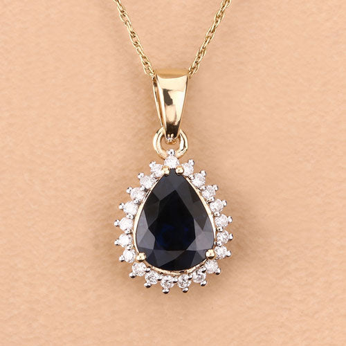 Bids.com 2.09 Carat Genuine Blue Sapphire and White Diamond 14K Yellow Gold Pendant Pendants