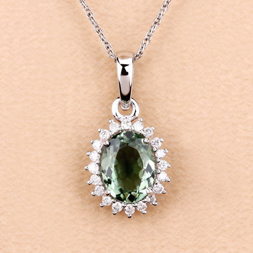 Bids.com 1.39 Carat Genuine Green Tourmaline and White Diamond 14K White Gold Pendant Pendants