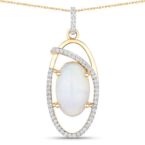 Bids.com 3.59 Carat Genuine Ethiopian Opal and White Diamond 14K Yellow Gold Pendant Pendants