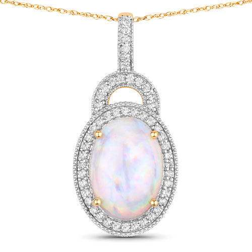Bids.com 3.30 Carat Genuine Ethiopian Opal and White Diamond 14K Yellow Gold Pendant Pendants