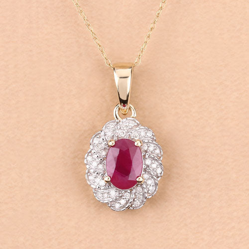 Bids.com 0.95 Carat Genuine Ruby and White Diamond 10K Yellow Gold Pendant Pendants