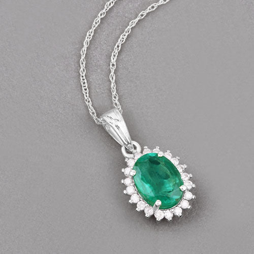 Bids.com 1.36 Carat Genuine Zambian Emerald and White Diamond 10K White Gold Pendant Pendants