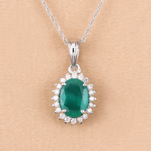 Bids.com 1.36 Carat Genuine Zambian Emerald and White Diamond 10K White Gold Pendant Pendants