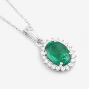 Bids.com 1.36 Carat Genuine Zambian Emerald and White Diamond 10K White Gold Pendant Pendants