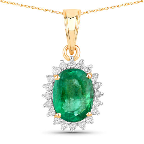 Bids.com 1.36 Carat Genuine Zambian Emerald and White Diamond 10K Yellow Gold Pendant Pendants