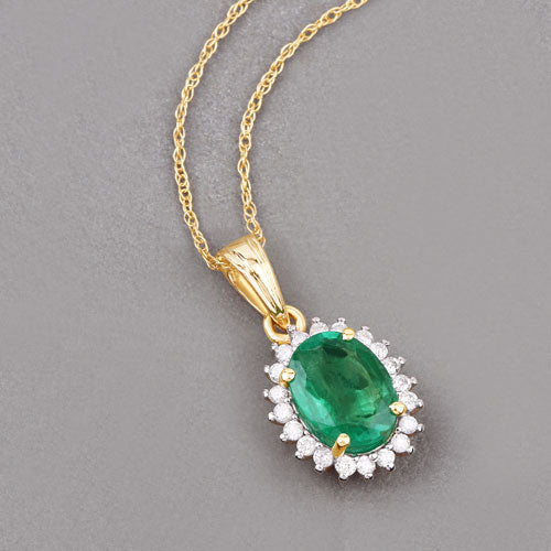 Bids.com 1.36 Carat Genuine Zambian Emerald and White Diamond 10K Yellow Gold Pendant Pendants