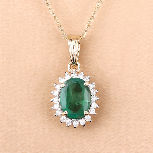 Bids.com 1.36 Carat Genuine Zambian Emerald and White Diamond 10K Yellow Gold Pendant Pendants