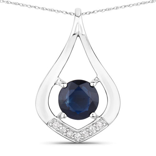 Bids.com 1.24 Carat Genuine Blue Sapphire and White Diamond 10K White Gold Pendant Pendants