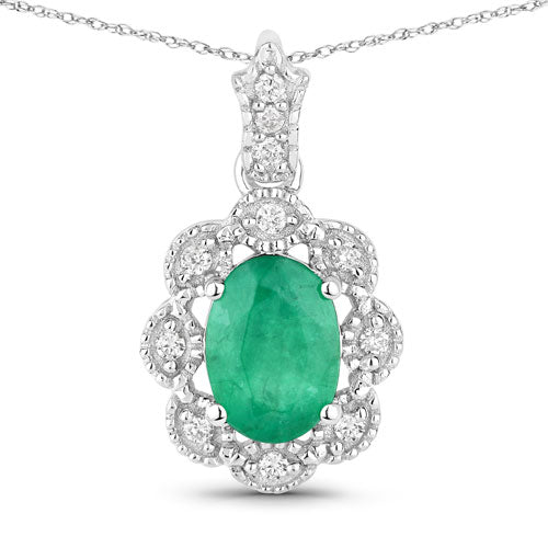 Bids.com 0.79 Carat Genuine Zambian Emerald and White Diamond 10K White Gold Pendant Pendants