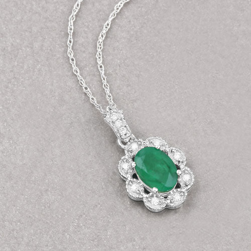 Bids.com 0.79 Carat Genuine Zambian Emerald and White Diamond 10K White Gold Pendant Pendants