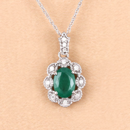 Bids.com 0.79 Carat Genuine Zambian Emerald and White Diamond 10K White Gold Pendant Pendants